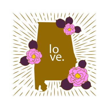 Alabama Eyalet harita yaratıcı vektör tipografi yazı ile kompozisyon çiçekler. Tasarım konsepti