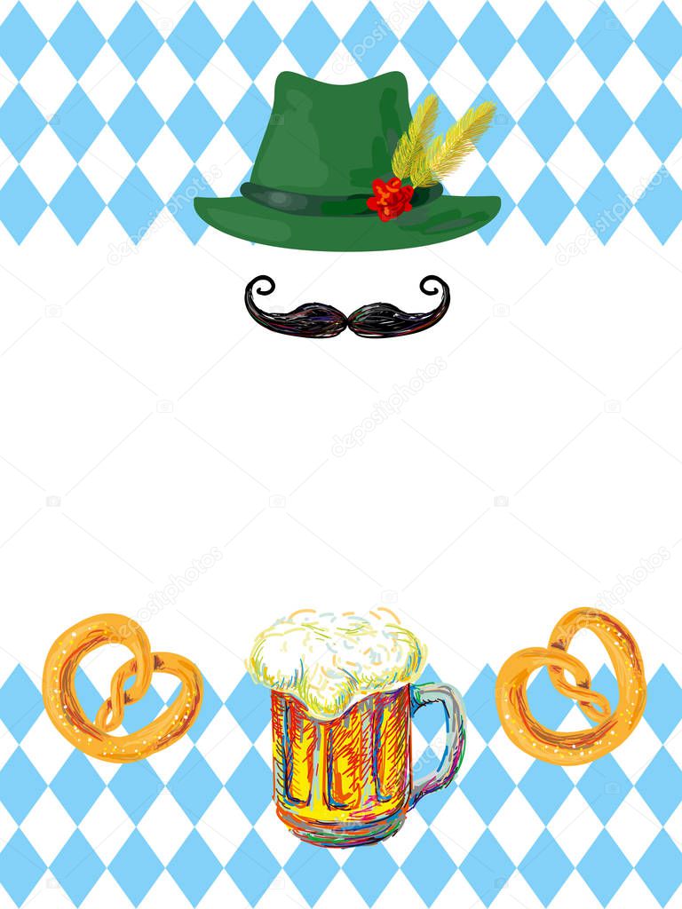 Oktoberfest Germany greeting card. Poster with mug of beer, pretzels, hat on background of blue rhombuses. Oktoberfest sticker, flyer, poster, banner, tag or label