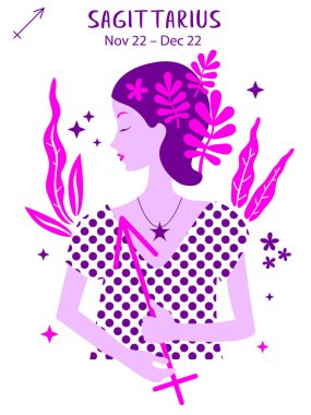 Sagittarius zodiac sign. Girl vector illustration. Astrology zodiac profile. Astrological sign as a beautiful women. Future telling, horoscope, alchemy, spirituality, occultism, fashion clipart