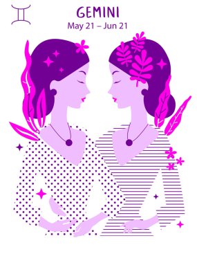Gemini zodiac sign. Girl vector illustration. Astrology zodiac profile. Astrological sign as a beautiful women. Future telling, horoscope, alchemy, spirituality, occultism, fashion clipart