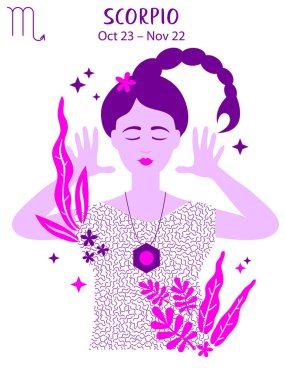 Scorpio zodiac sign. Girl vector illustration. Astrology zodiac profile. Astrological sign as a beautiful women. Future telling, horoscope, alchemy, spirituality, occultism, fashion clipart