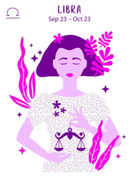 Libra zodiac sign. Girl vector illustration. Astrology zodiac profile. Astrological sign as a beautiful women. Future telling, horoscope, alchemy, spirituality, occultism, fashion clipart
