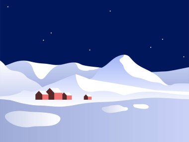 Kış manzara dağlar ve evleri vektör çizim ile. Kış. Gece