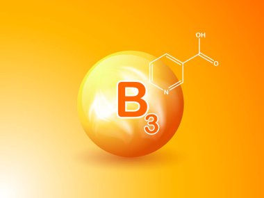 Beslenme işareti kavramı vektör. B3 vitamini gücü. Kimyasal formülü