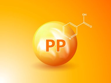 Beslenme işareti vektör konsepti. PP vitamininin gücü. Kimyasal formül