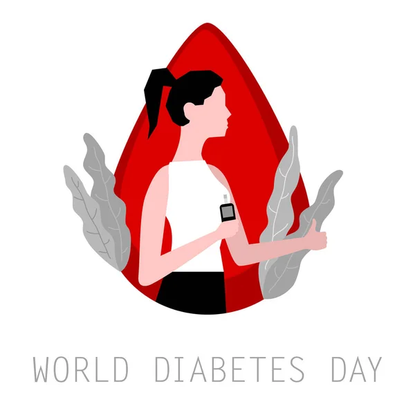 血糖値計を持つ少女 糖尿病と糖尿病との戦いのシンボルです 世界糖尿病デー 血をドロップします 医療フラット イラスト 健康管理 — ストックベクタ