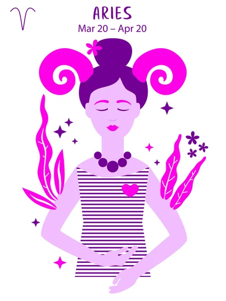 Tanda Zodiak Aries Ilustrasi Vektor Gadis Astrologi Profil Zodiak Tanda - Stok Vektor