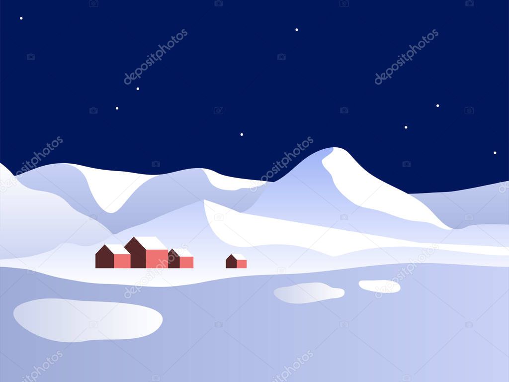 Winter landscape with mountains and houses vector illustration. Winter. Night