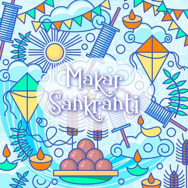 Makar Sankranti Cometas Festival India Comida Candelabros Sol Hilo Cometa — Vector de stock