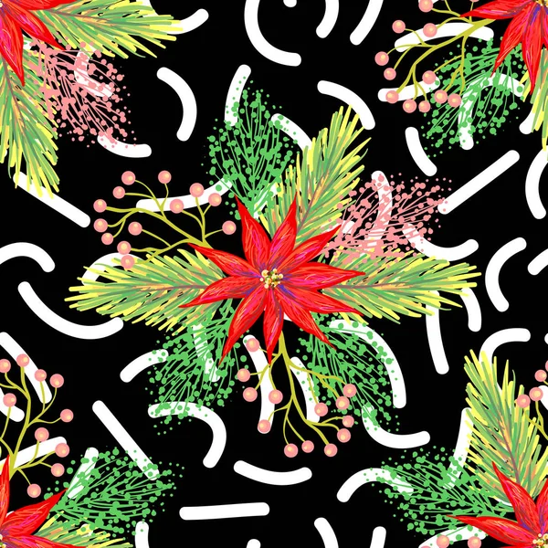 クリスマスのポインセチアとモミの小枝のベクトルの背景とのシームレスなパターン パターンの塗りつぶし Web ページの背景 表面のテクスチャ 繊維に最適 — ストックベクタ