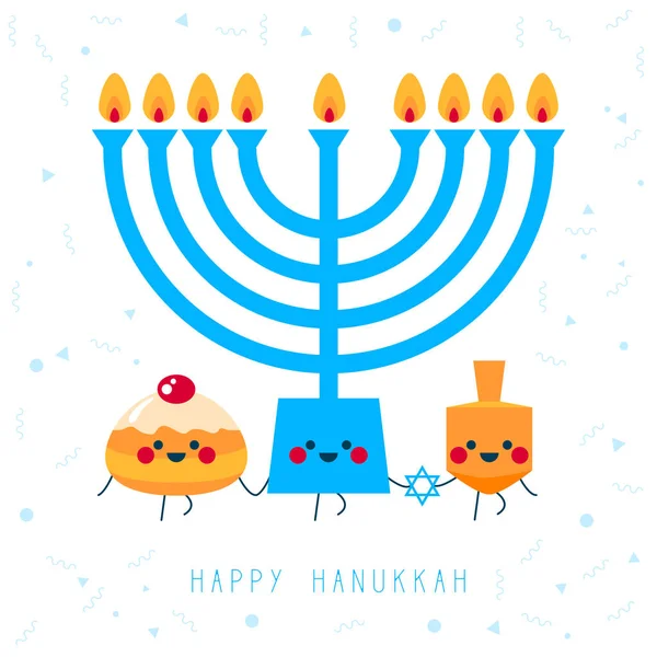 Felice Hanukkah Biglietto Auguri Vacanze Ebraiche Hanukkah Ciambella Sufganiyot Dreidel — Vettoriale Stock