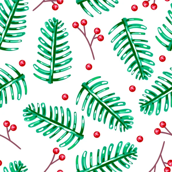 Seamless Pattern Christmas Tree Branch Red Berries Vector Illustration Coniferous — Stock Vector