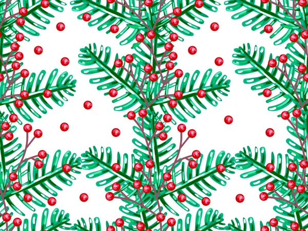 クリスマスの木の枝と赤い果実ベクトル イラストでシームレスなパターン 針葉樹の木の枝 フラット モダン要素 招待状の印刷 カード バナーします クリスマスお祝い自然松 — ストックベクタ