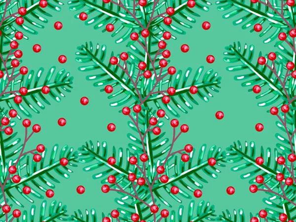 Seamless Pattern Christmas Tree Branch Red Berries Vector Illustration Coniferous — Stock Vector