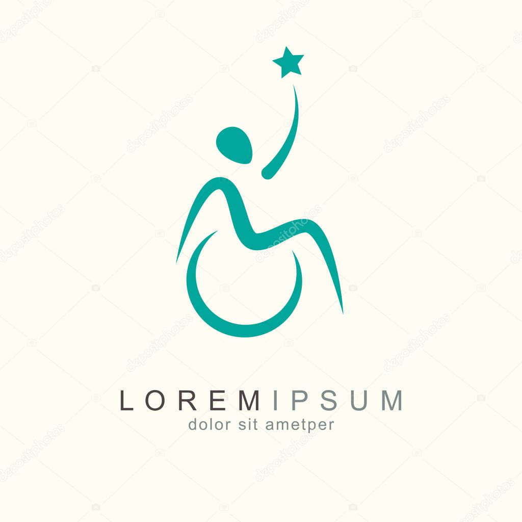 Vector disabled people support, sport, help logo, icon. Man sitting on the wheelchair holding star. Disability sport achievement logo. Happy disabled people. Life-asserting sign