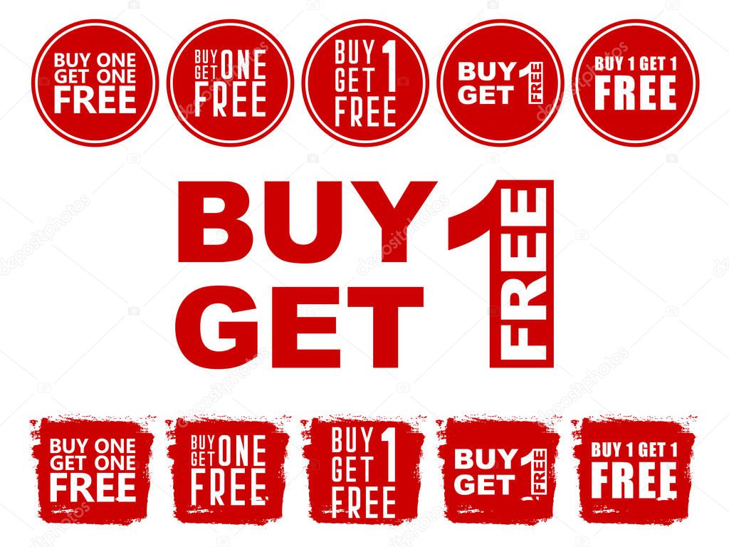 Red shop sign for a buy one get one free off clearance. Sale. Special offer. Set of sale banners