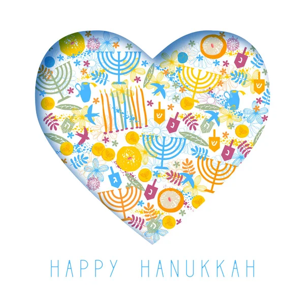 Happy Hanukkah Hjärta Mall Kortdesign Festlig Part Dekoration Hanukkah Gratulationskort — Stock vektor