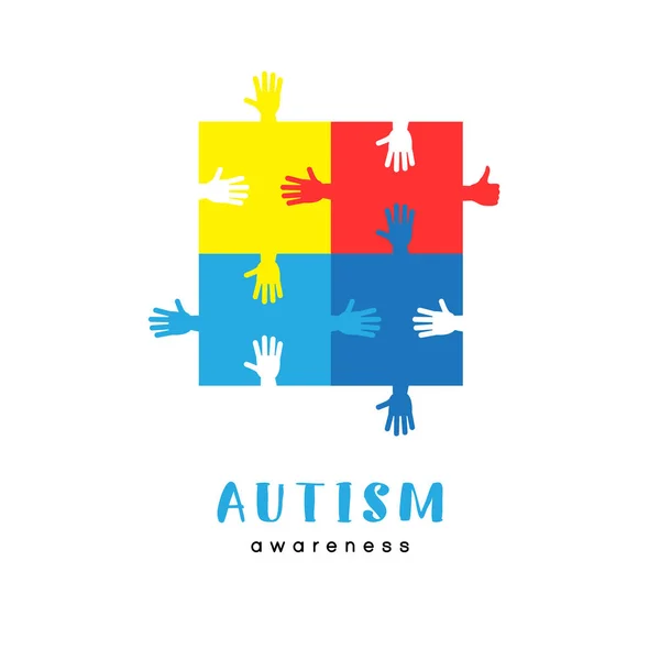 World Autism Awareness Day Colorful Puzzle Hands Vector Design Sign — Stock Vector