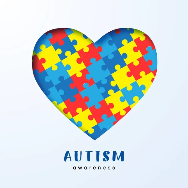 世界自閉症啓発デー 心の白い背景を持つ手でカラフルなパズルから成るベクトル設計図 自閉症のシンボルです 医療フラット イラスト 健康管理 — ストックベクタ