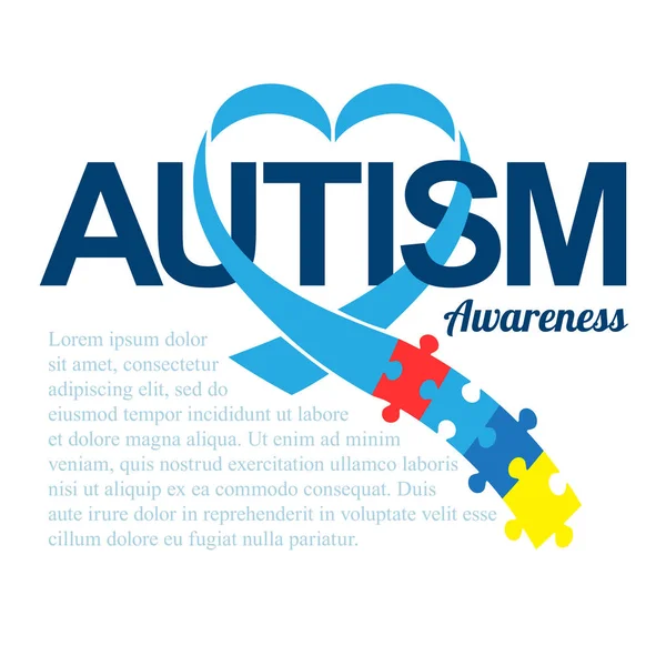 世界自閉症啓発デー ブルーのリボンとカラフルなベクトルの背景をパズルします ハート形 自閉症のシンボルです 医療フラット イラスト 健康管理 — ストックベクタ