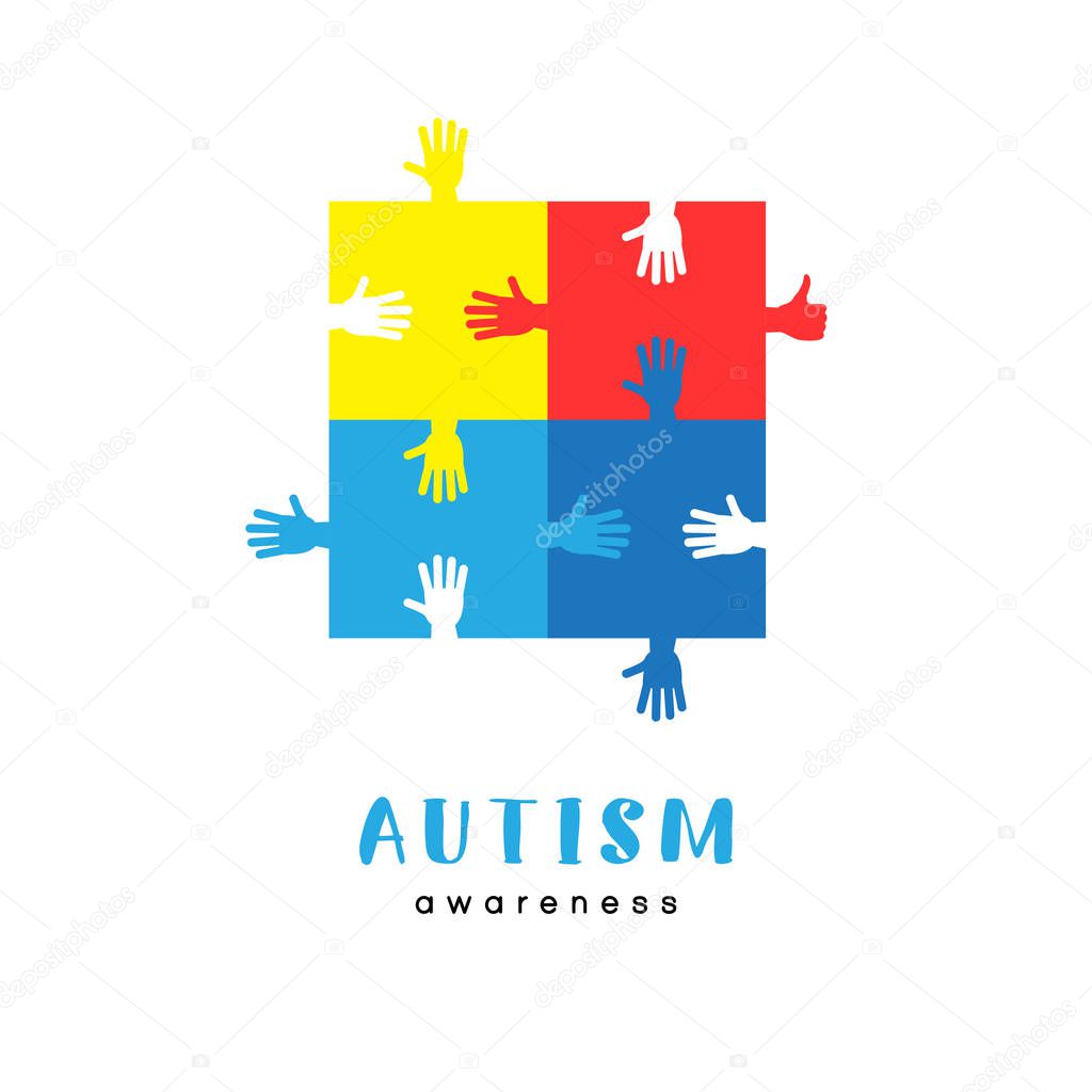 World autism awareness day. Colorful puzzle with hands vector design sign. Symbol of autism. Medical flat illustration. Health care 