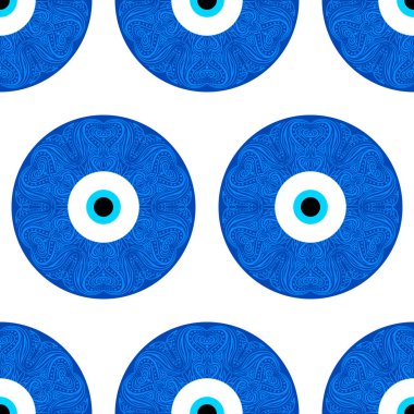 Kem gözlü Türk boncuklu kusursuz desen. İyi şanslar. Türk fayansı. Oryantal sedir tasarımı vektör arka planı. Duvar kağıtları, şablon dolguları, web sayfası arkaplanları, yüzey dokuları, tekstil için mükemmel