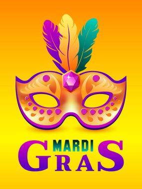 Mardi gras veya carnivale maske tüy ile. Poster, tebrik kartı, yeni yıl eğlencesi daveti, afiş veya el ilanı için güzel Mardi gras konsept tasarımı. Vektör çizim. Mardi gras arka plan