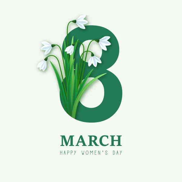 Cute Card March International Women Day Snowdrops Flowers Galanthus Vector — Stock Vector