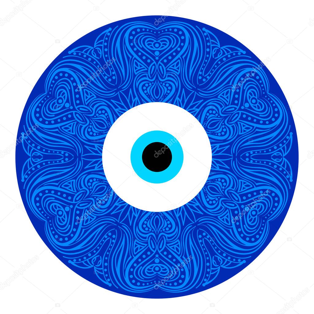 Turkish evil eye. Mandala greek evil eye. Symbol of protection. Blue Turkish Fatima's Eye. Amulet from evil eye. Nazar. Magic item, attribute