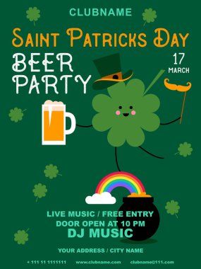 Aziz Patrick günü poster. Yeşil yonca yaprağı. Yeşil arka plan. Gece parti başlık sayfası veya poster. Davet disko parti. Tipografi. Vektör çizim