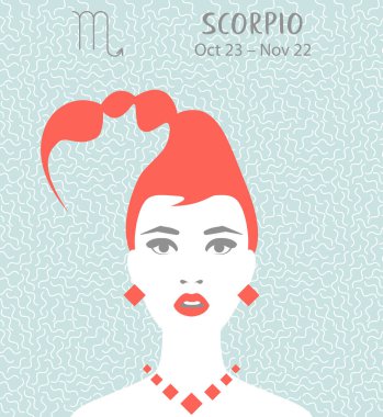 Scorpio zodiac sign. Girl vector illustration. Astrology zodiac profile. Astrological sign as a beautiful women. Future telling, horoscope, alchemy, spirituality, occultism, fashion clipart