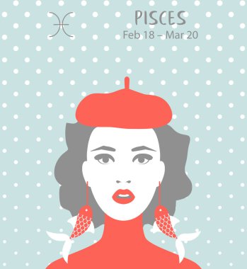 Pisces zodiac sign. Girl vector illustration. Astrology zodiac profile. Astrological sign as a beautiful women. Future telling, horoscope, alchemy, spirituality, occultism, fashion clipart