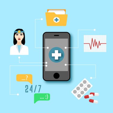 Profesyonel doktor düz vektör konsepti ile online tıbbi konsültasyon. Online tıp uzmanı istişareler sanal doktor ziyaret ofisten telefon. Hasta profesyonel bir doktor Toplantı