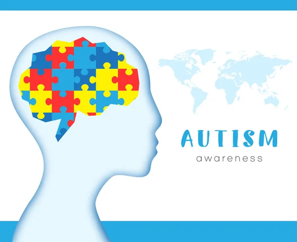 Världen Autism Awareness Day Hjärnor Med Färgglada Pussel Barn Ansikte — Stock vektor
