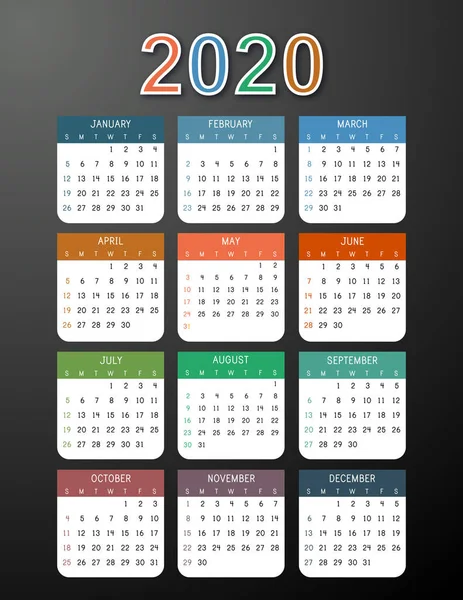 Calendario 2020 Sobre Fondo Oscuro Colorido Calendario 2020 Año Plantilla — Vector de stock