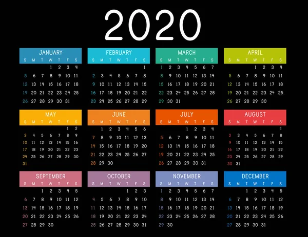 Calendrier 2020 Sur Fond Sombre Calendrier Coloré 2020 Année Modèle — Image vectorielle