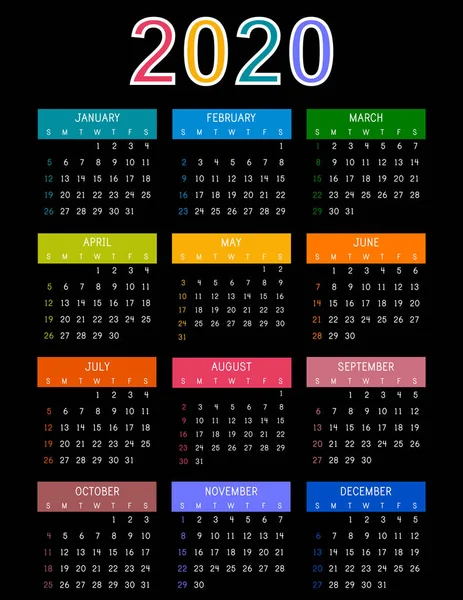 Calendrier 2020 Sur Fond Sombre Calendrier Coloré 2020 Année Modèle — Image vectorielle