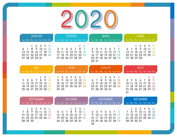 Calendario 2020 Francés Sobre Fondo Blanco Colorido Calendario 2020 Año — Archivo Imágenes Vectoriales