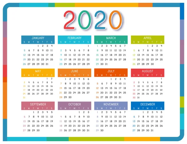 Calendario 2020 Sobre Fondo Blanco Colorido Calendario 2020 Año Plantilla — Archivo Imágenes Vectoriales