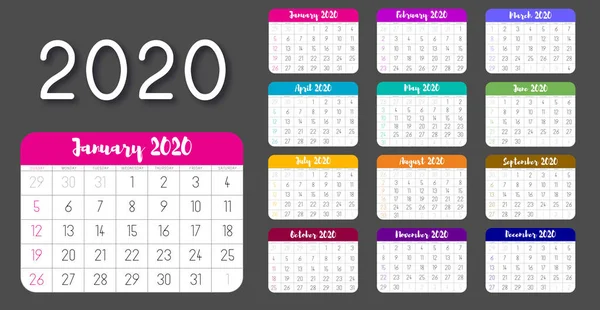 Año 2020 calendario colorido, las semanas comienzan el domingo. Calendario 2020 sobre fondo oscuro. Colorido calendario 2020 año. Plantilla de vector simple — Archivo Imágenes Vectoriales