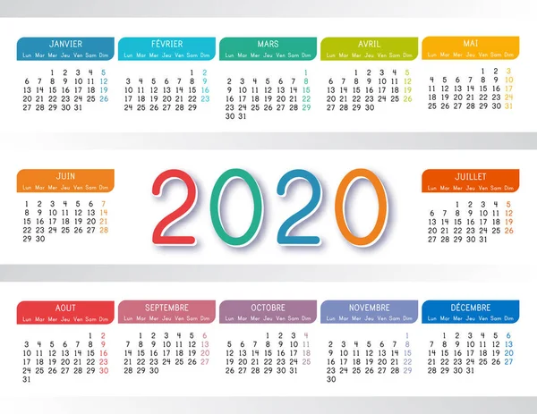 Calendario 2020 en francés sobre fondo blanco. Colorido calendario 2020 año. Plantilla de vector simple — Vector de stock