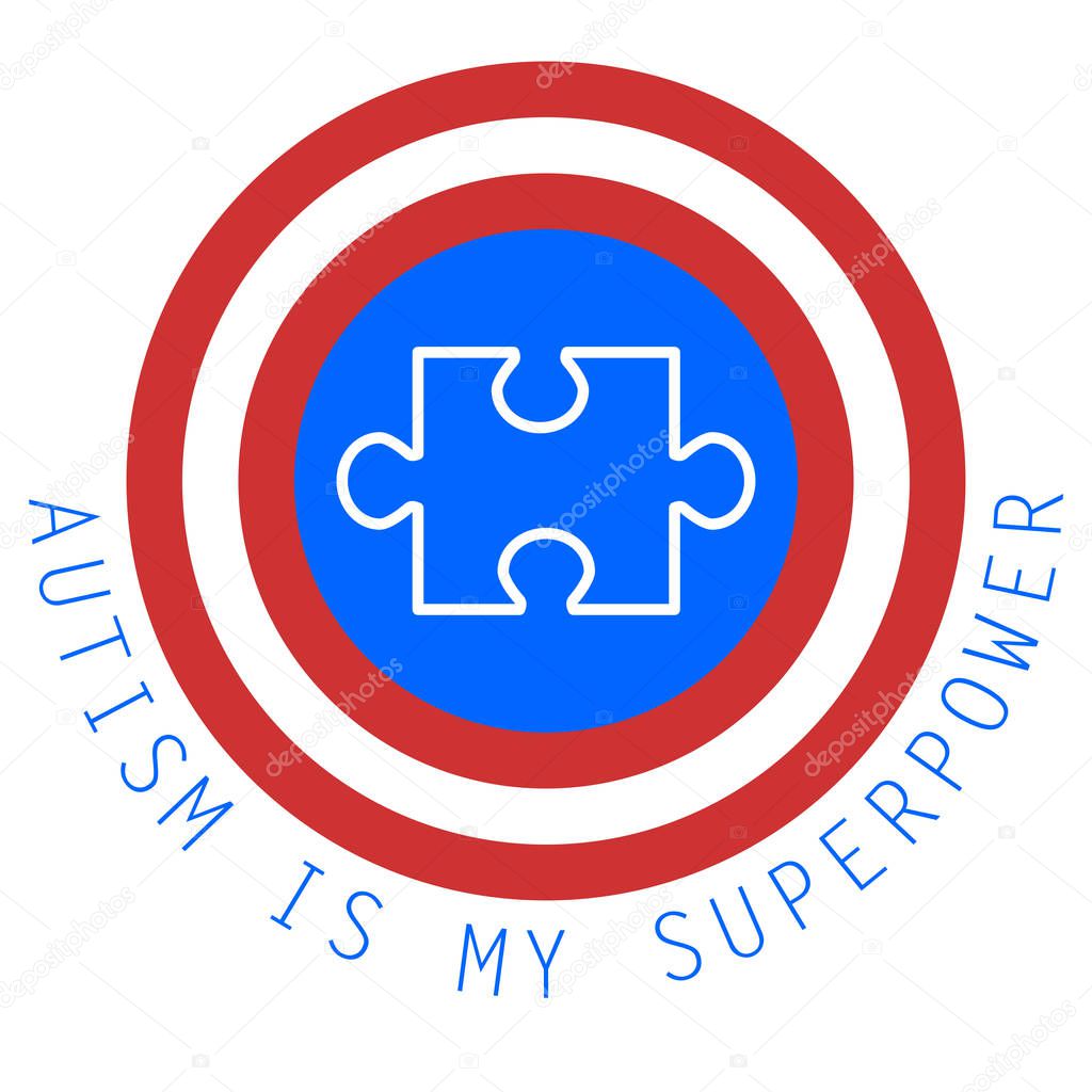 Autism is my superpower. World autism awareness day. Symbol of autism. Medical flat illustration. Health care. Vector design illustration with puzzles