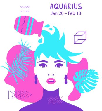 Aquarius of Zodiac 'a su taşıyıcısı, yıldız falı, vektör sanatı, illüstrasyon. Güzel kız silueti. Güzel bir kadın olarak astrolojik bir işaret. Gelecek anlatımı, yıldız falı, simya, maneviyat.