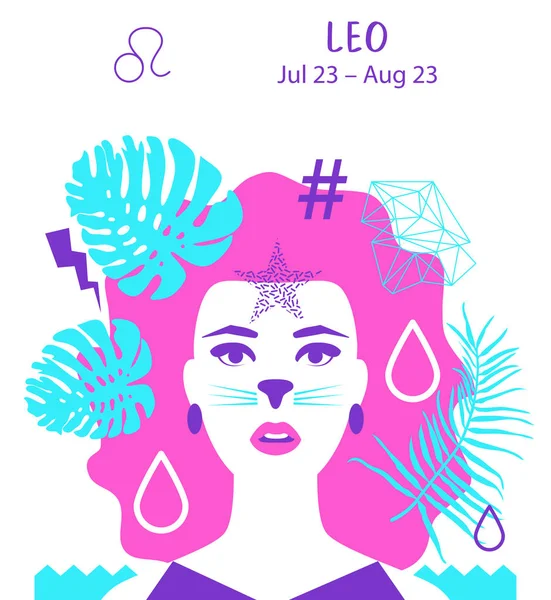 Singa untuk Leo dari zodiak dan konsep horoskop, vektor seni dan ilustrasi. Gadis. Siluet gadis cantik. Tanda astrologi sebagai wanita cantik. Future telling, horoskop, alkimia, spiritualitas - Stok Vektor