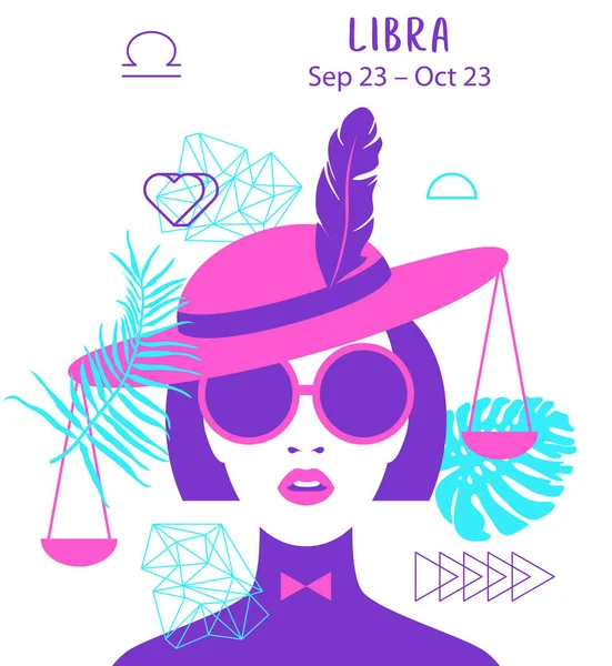 Libra av zodiak och horoskop koncept, vektor konst och illustration. Flicka. Vacker flicka siluett. Astrologiska tecken som en vacker kvinna. Framtida berättande, horoskop, alkemi, andlighet, ockultism — Stock vektor