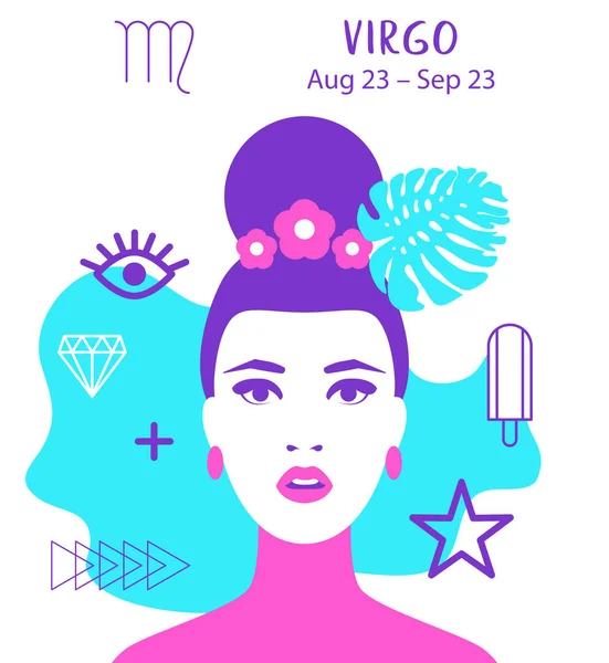 Virgo dari zodiak, konsep horoskop, seni vektor, ilustrasi. Siluet gadis cantik. Tanda astrologi sebagai wanita cantik. Future telling, horoskop, alkimia, spiritualitas, okultisme, fashion - Stok Vektor