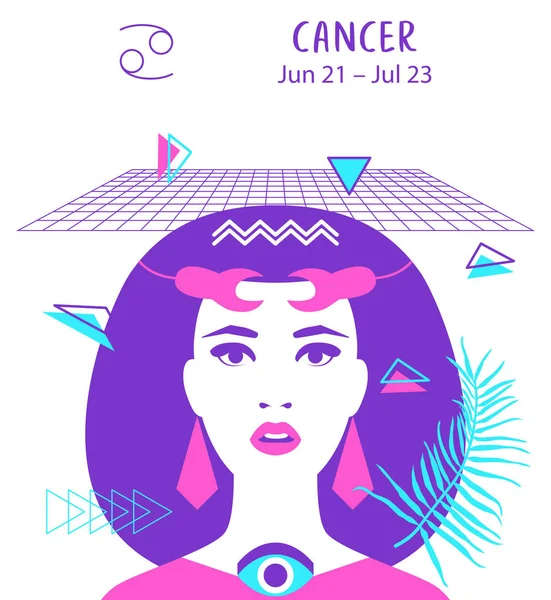 Cancer av stjärntecken och horoskop koncept, vektor konst, illustration. Vacker flicka siluett. Astrologiska tecken som en vackra kvinnor. Framtiden berätta, horoskop, Ockultism, alkemi, andlighet — Stock vektor