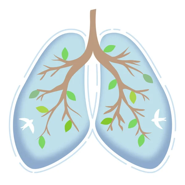 Hari Tuberkulosis Sedunia. Hari Pneumonia Sedunia. Paru-paru manusia. Ilustrasi datar medis. Layanan kesehatan. Cabang pohon seperti paru-paru. Cabang dengan daun. Langit dengan awan dan burung - Stok Vektor