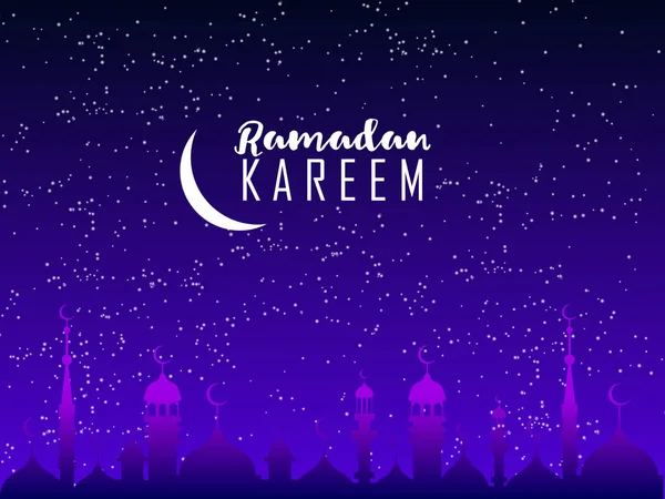 Éjszakai háttér. Ramadan Kareem holiday celebration gyönyörű üdvözlés kártya háttér vektor illusztráció. Iszlám ünnep design. Eid Mubarak vektoros illusztráció. Éjszakai városkép háttér — Stock Vector