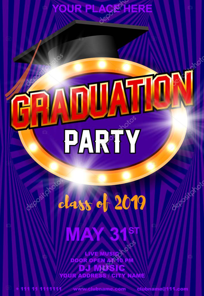 Graduation Night, Graduation Party, Grads Party or Prom Party. School flyer. Event 2019. Class of 2019. Upcoming event or nightclub, college, student event